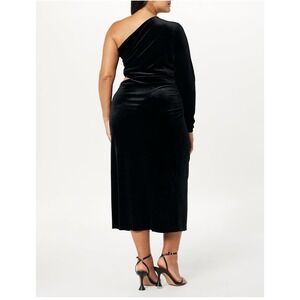 The Drop Black Velvet One‎ Shoulder Cutout Ruched Midi Dress Size XXL